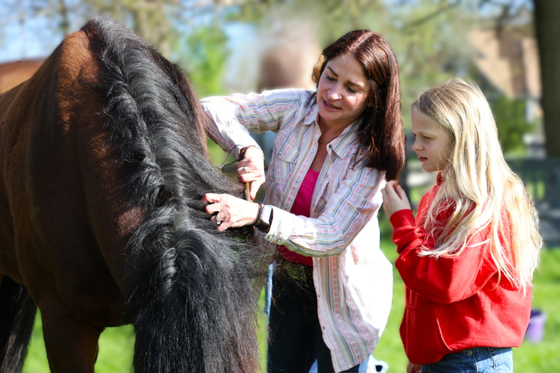 Child walking beside a horse under soft outdoor light